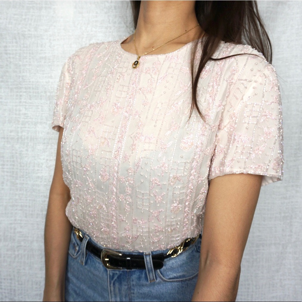 Baby Pink Sequenced Short Sleeve Shirt